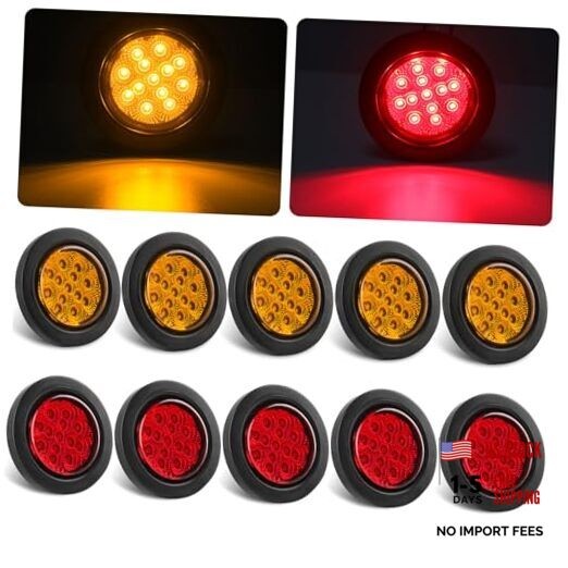 Konrali 2.5″ Round LED Marker Lights 13 LEDs w/Reflectors, 5 Amber + 5 Red 2
