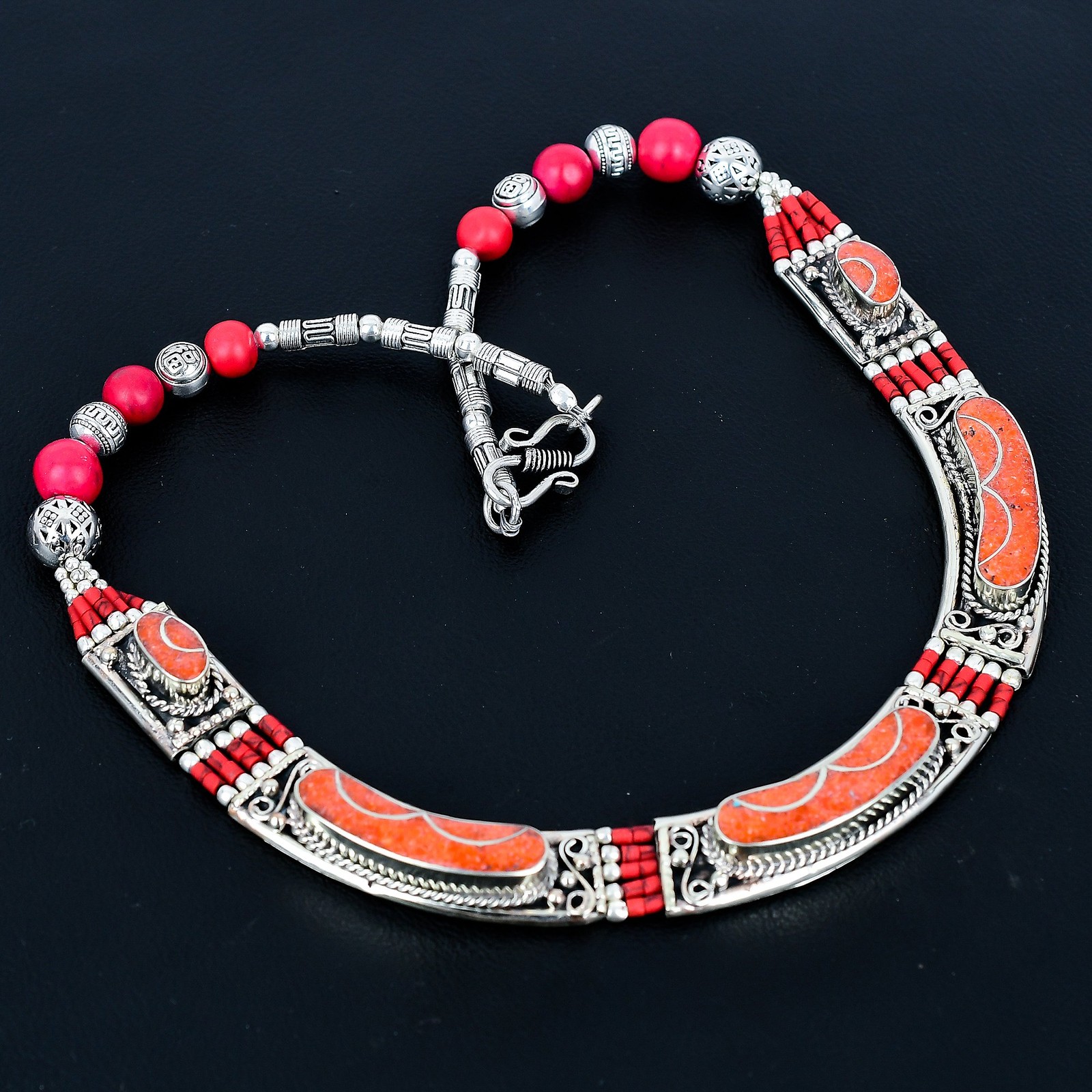 Red Coral 925 Sterling Silver Handmade Jewelry Nepali Tibetan Necklace 18″ PG95