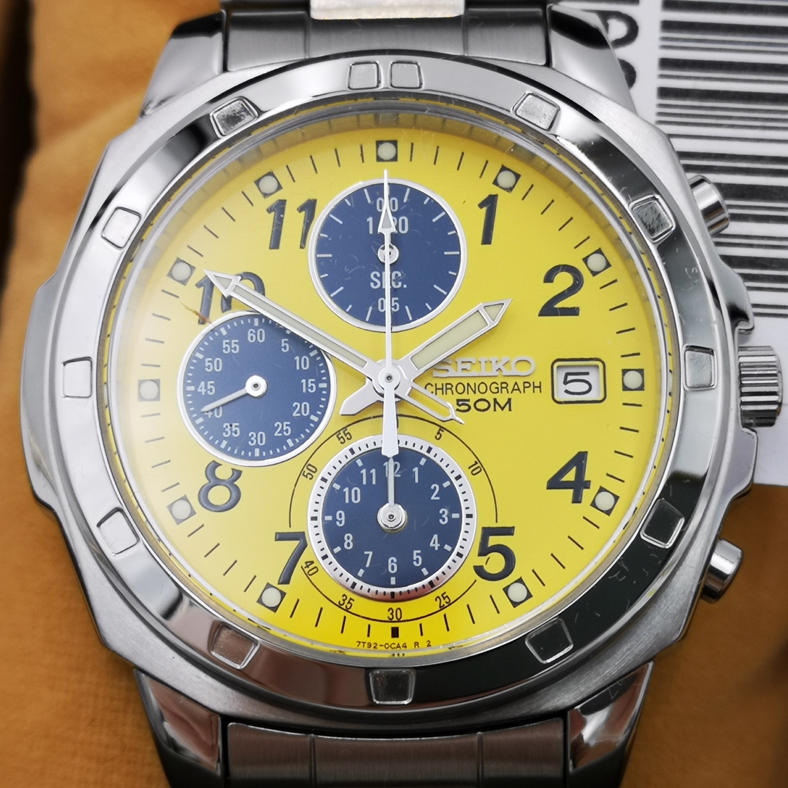 SEIKO SND409 Yellow Silver Band Analog Waterproof 5BAR Men’s Watch New in Box