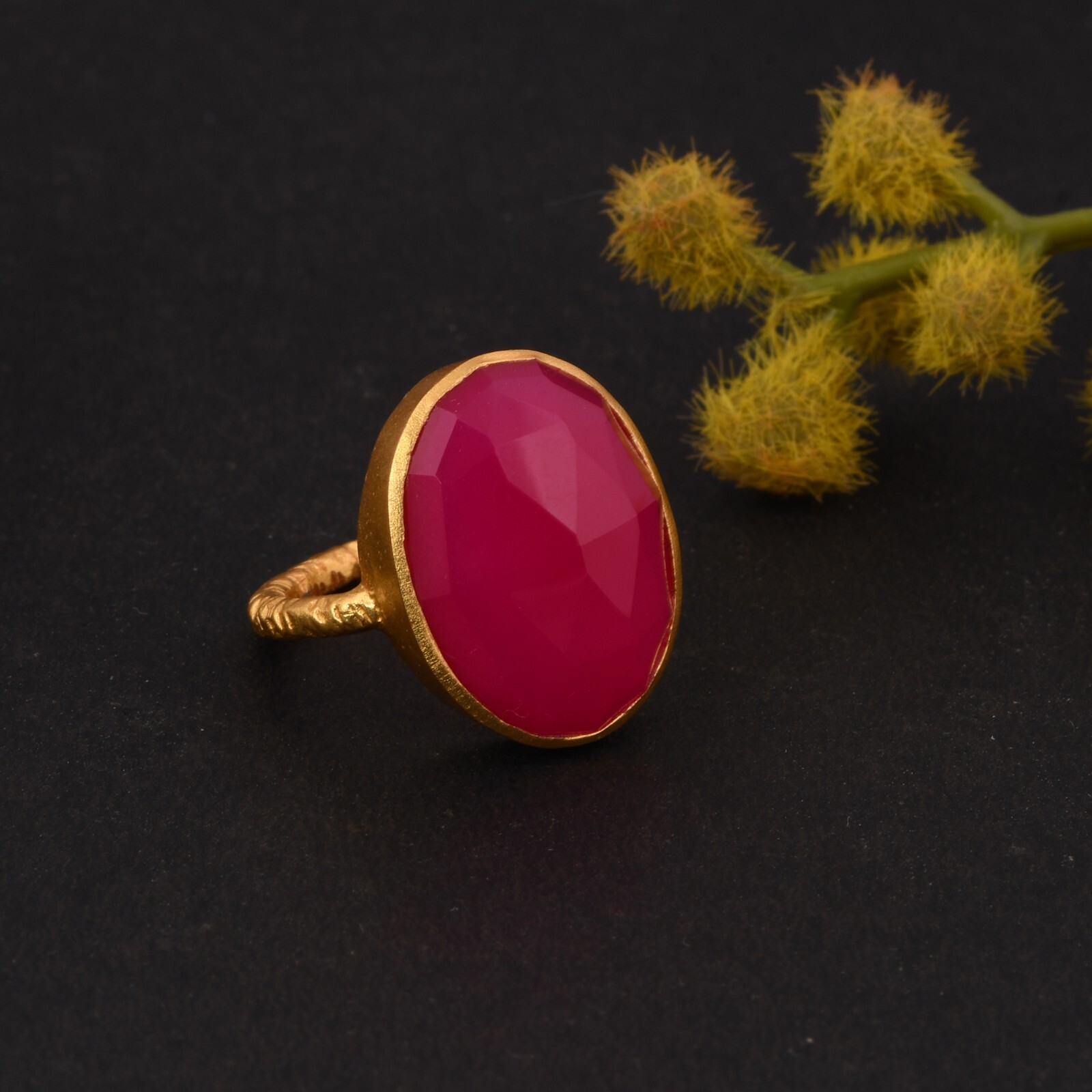 18k Gold Plated Large Pink Chalcedony Oval Shaped Ring Size All Size Available