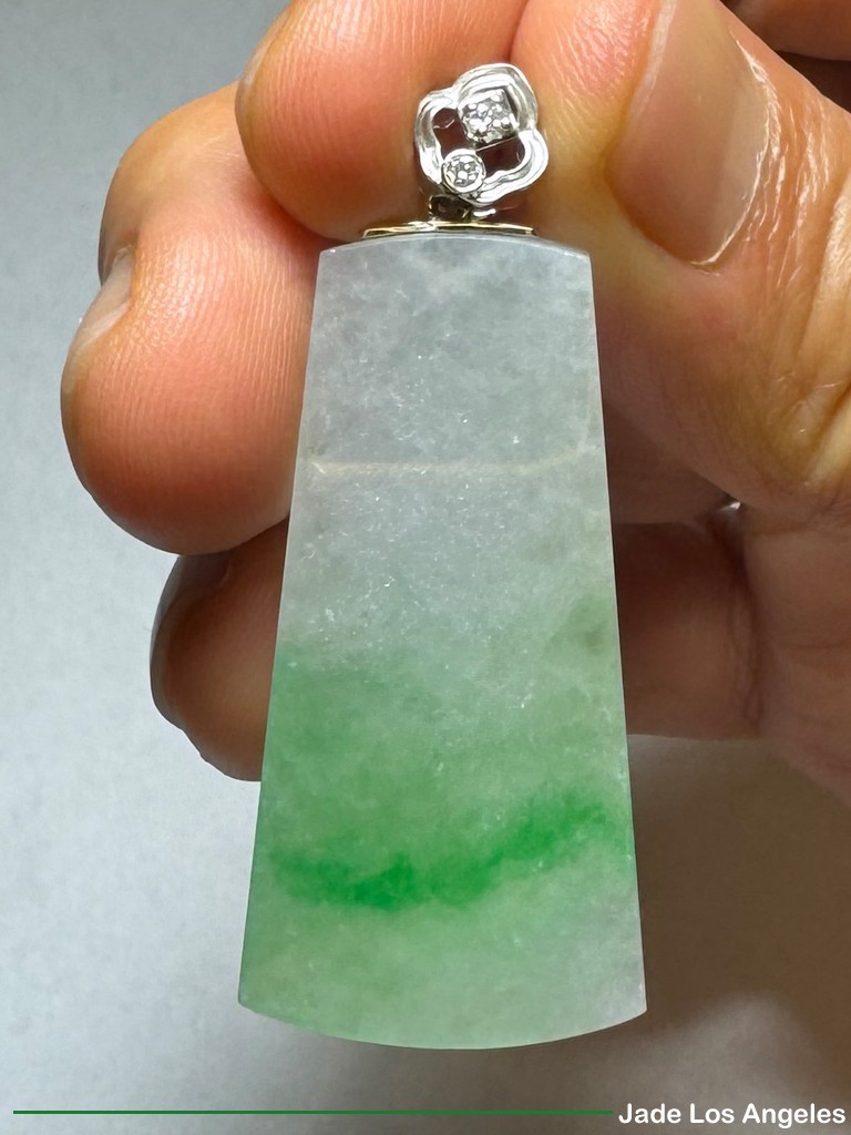 Plain Safe 平方平安 Apple Green Jadeite Jade 18K white Gold Diamond Pendant 45.23ct