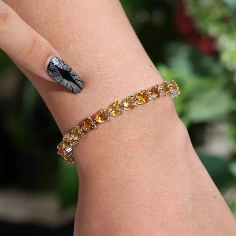 10Ct Heart Cut Simulated Citrine Wedding Tennis Bracelet 14K White Gold Plated