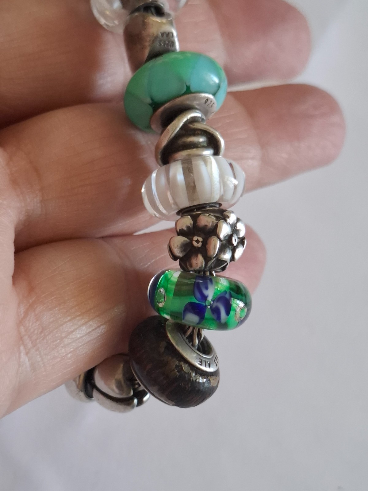 Silver 925 Trollbeads Bracelet 14 Charms Approx 20cm Blue Green