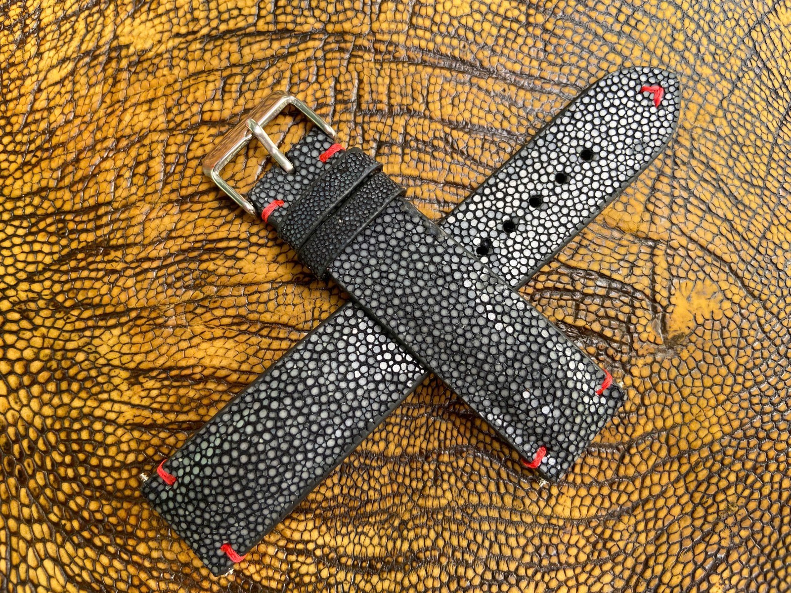 Black Stingray Leather Watch Strap Band, Size 18mm 19mm 20mm 21mm 22mm 24mm 26mm