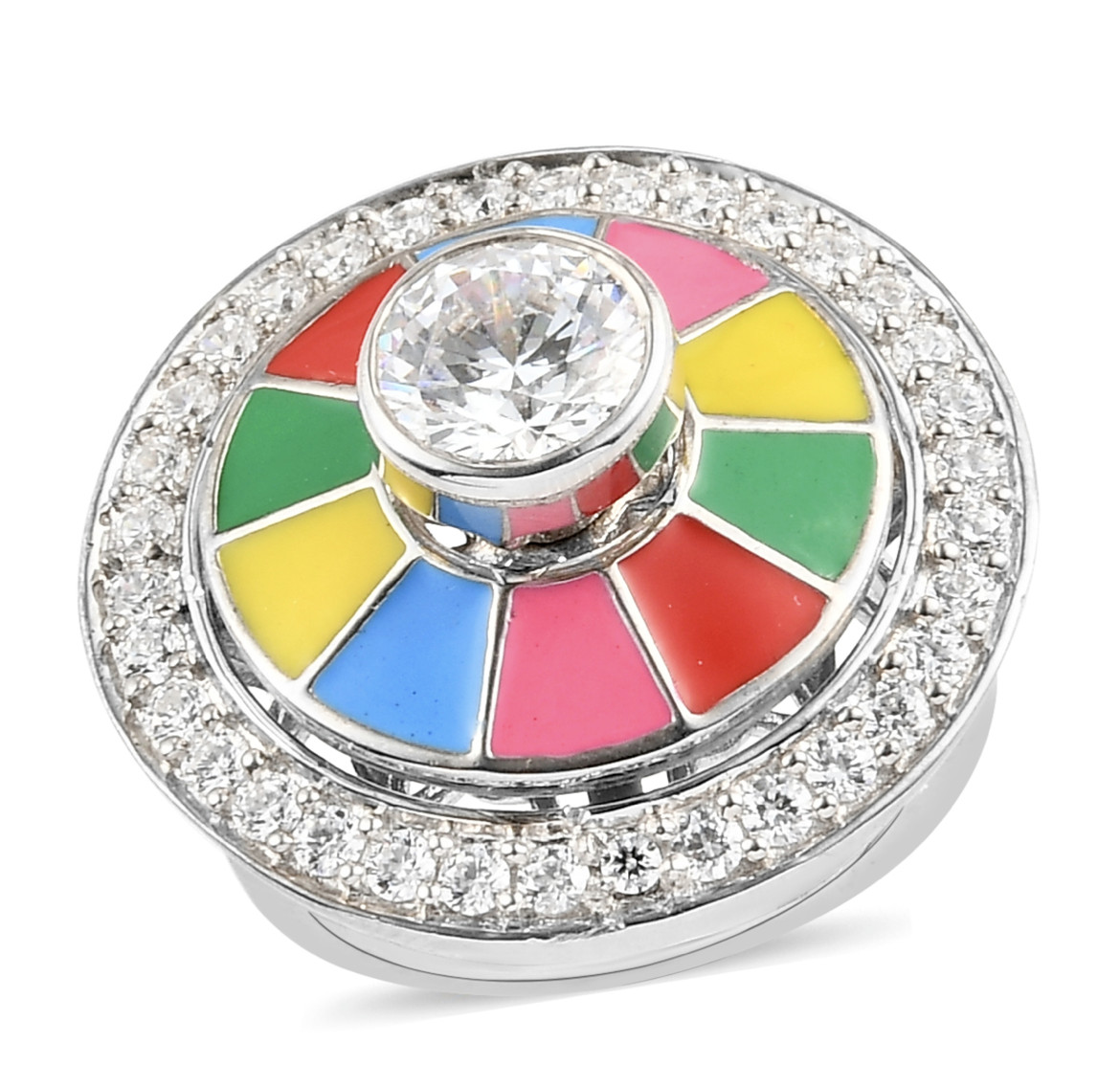 STATEMENT Ring Round 70’s 80’s Multi Color Enamel CZ Halo (6) Plat/Sterling NEW