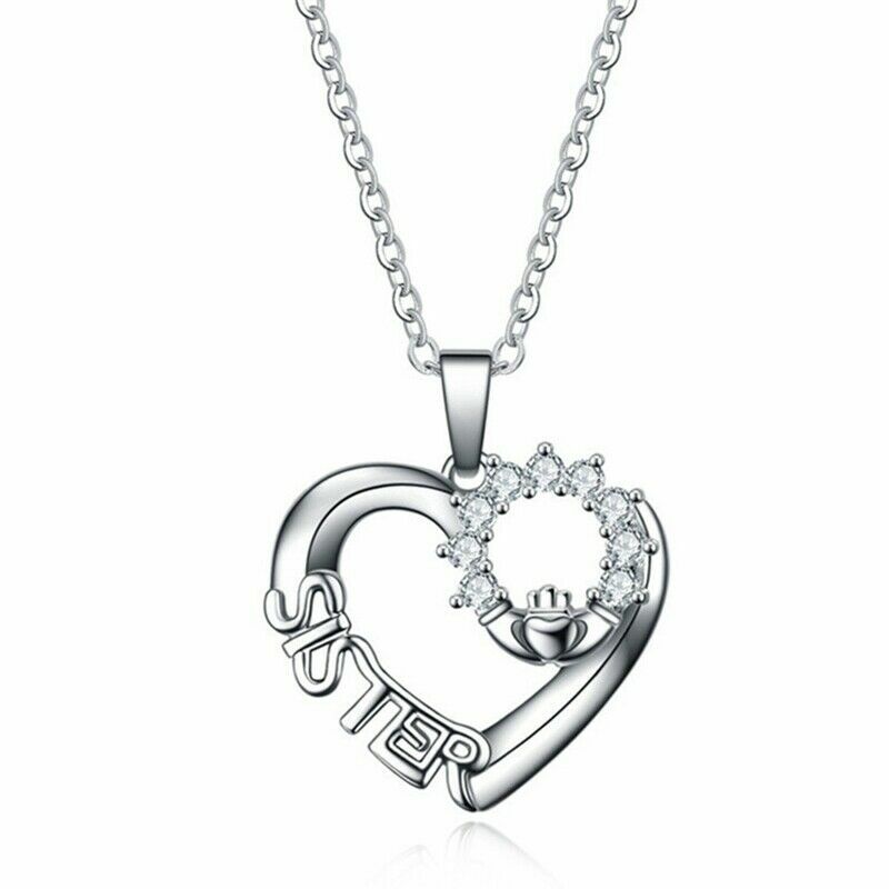 Elegant 925 Sterling Silver Love Heart Sister White Topaz Fashion Charm Necklace