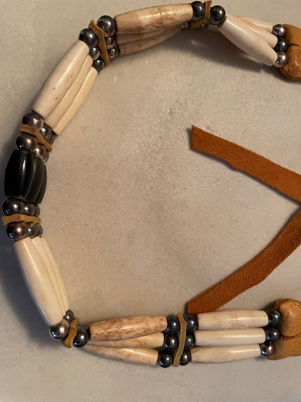 CHOKER NECKLACE HANDMADE BONE & STERLING CALF SKIN LEATHER SANTA FE, NM