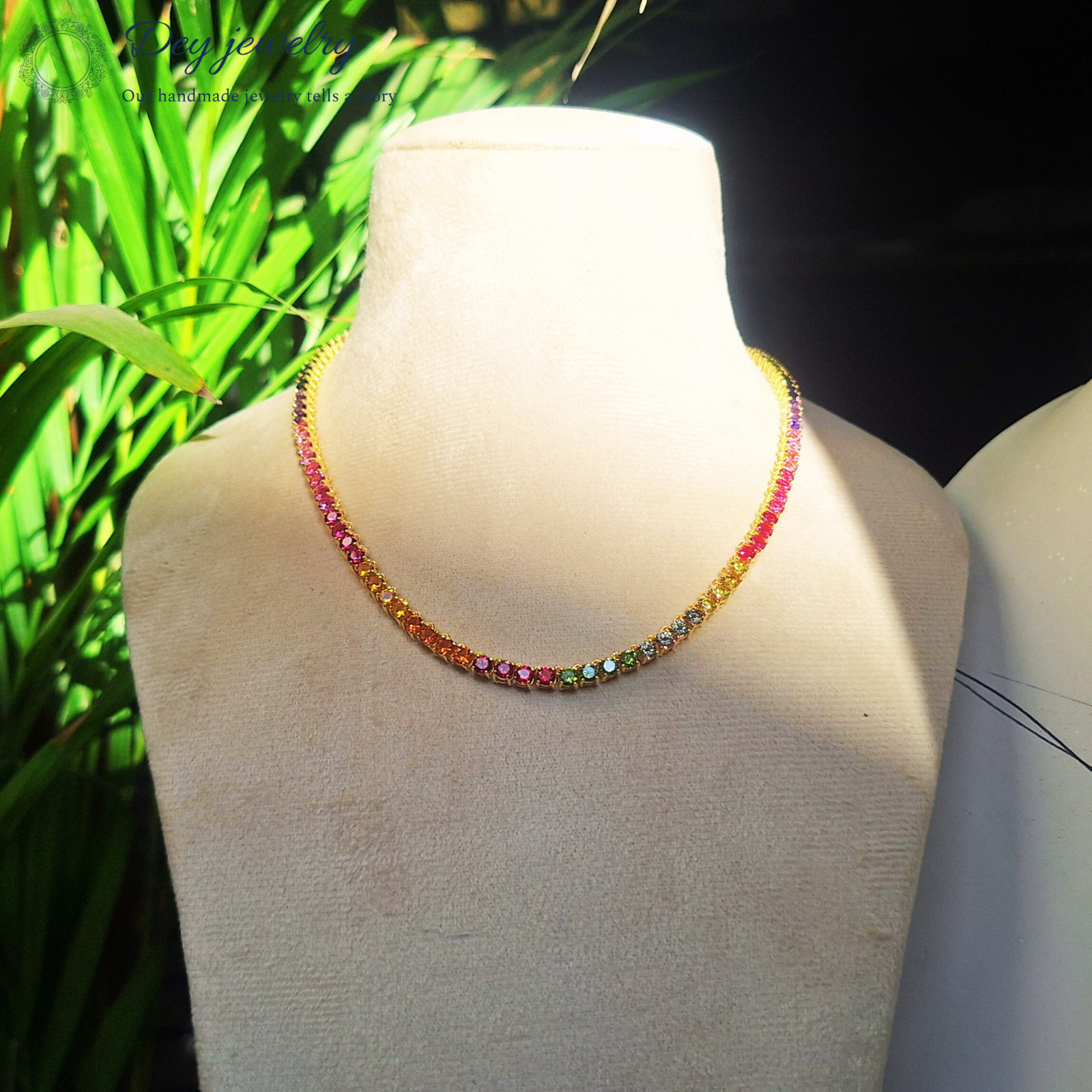 Lab Created 3 mm Multi Sapphire Prong Tennis 925 Silver Handmade Gift Necklace