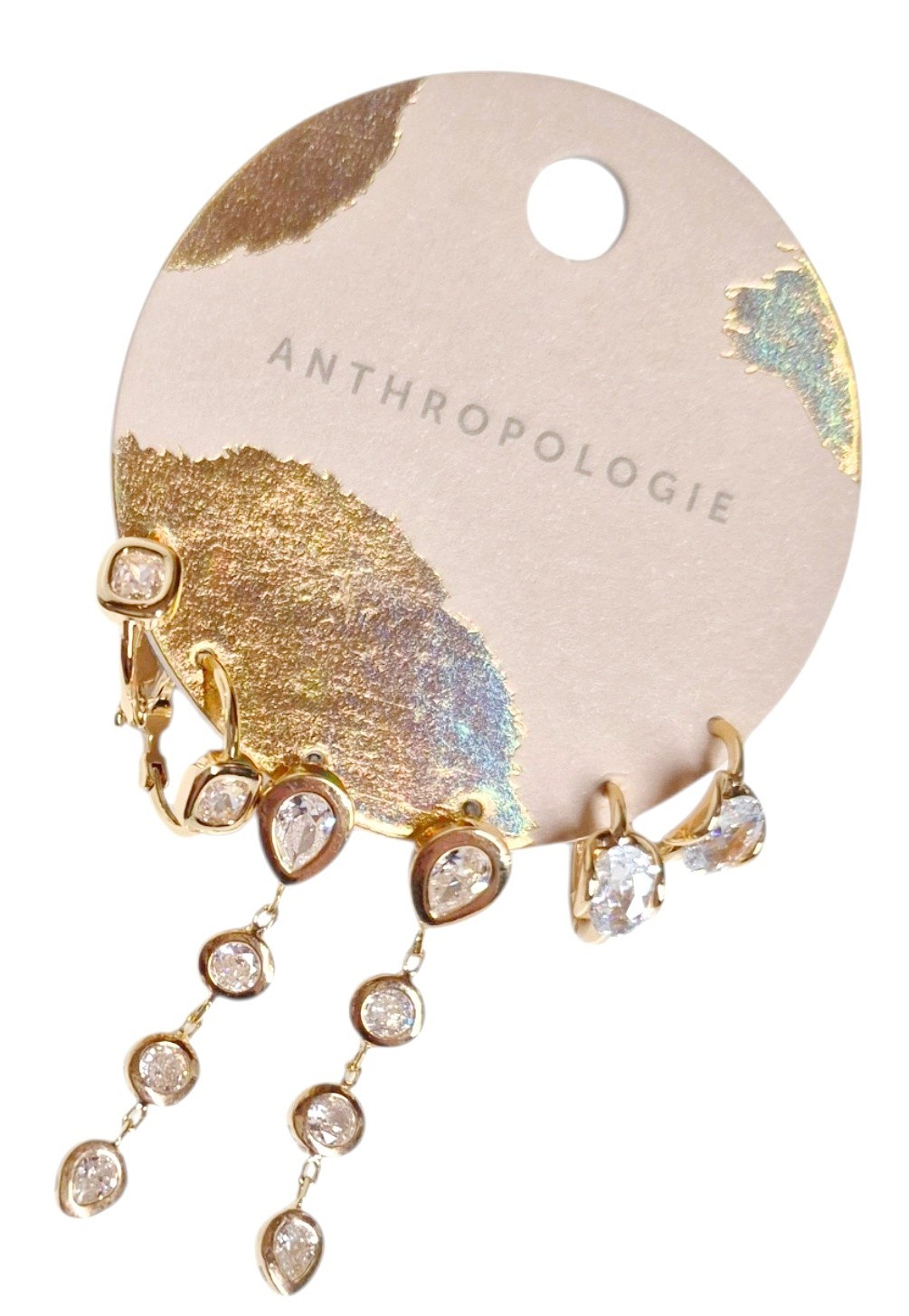 Anthropologie Glitz Crystal Earring Set Cubic Zirconia 14k Gold Plated Brass New
