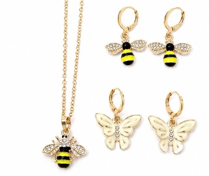 🐝 Bee & Butterfly Necklace Earrings Set Crystal Gold Tone Gift Box Included