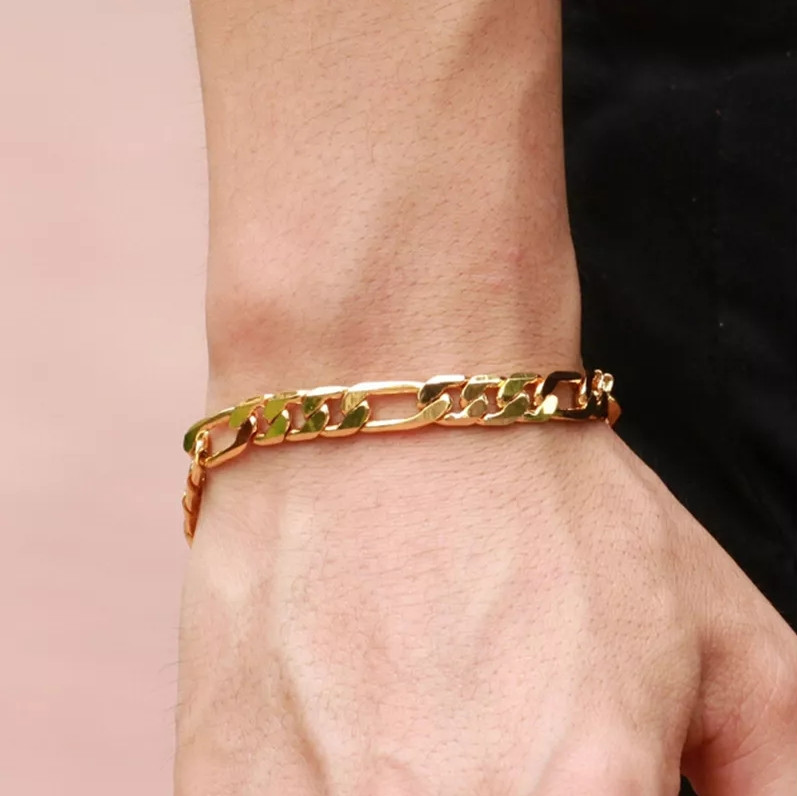 Men Women 18K Gold Plated Over Stainless Steel Bling Wide Figaro Link Bracelet