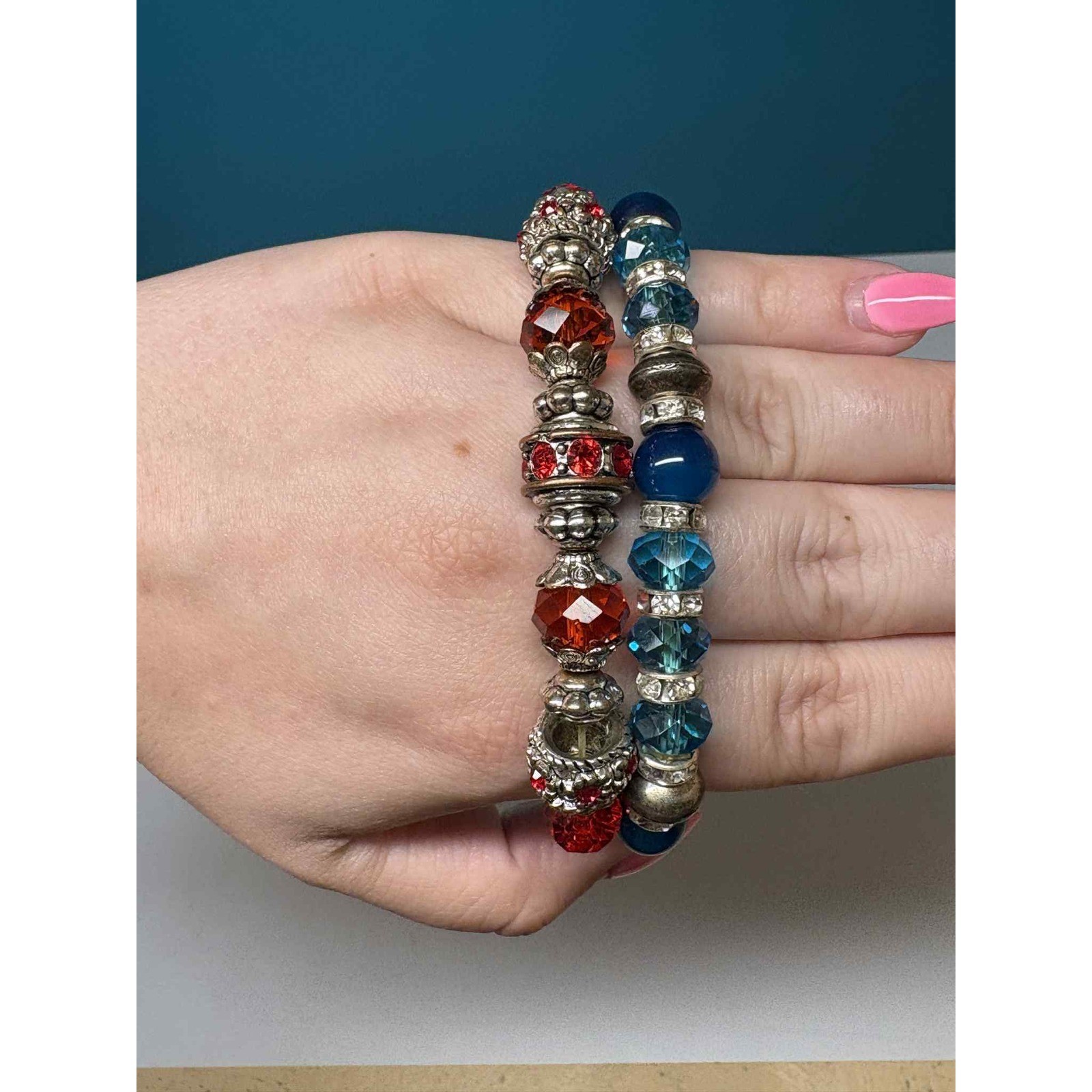 Blue and Red Beaded Stretch Bracelets with Rhinestone Accents Silver Tone Lot