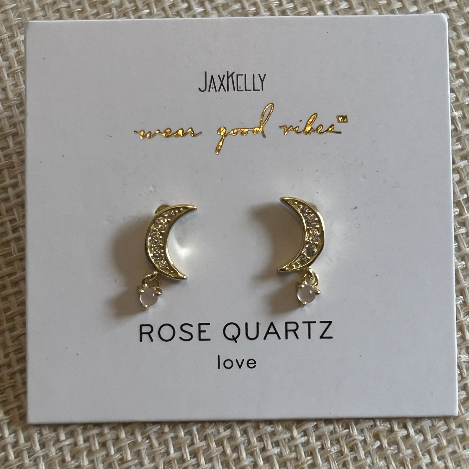 NEW Jax Kelly Rose Quartz Gold Crescent Moon Gemstone Drop Earrings Love CZ