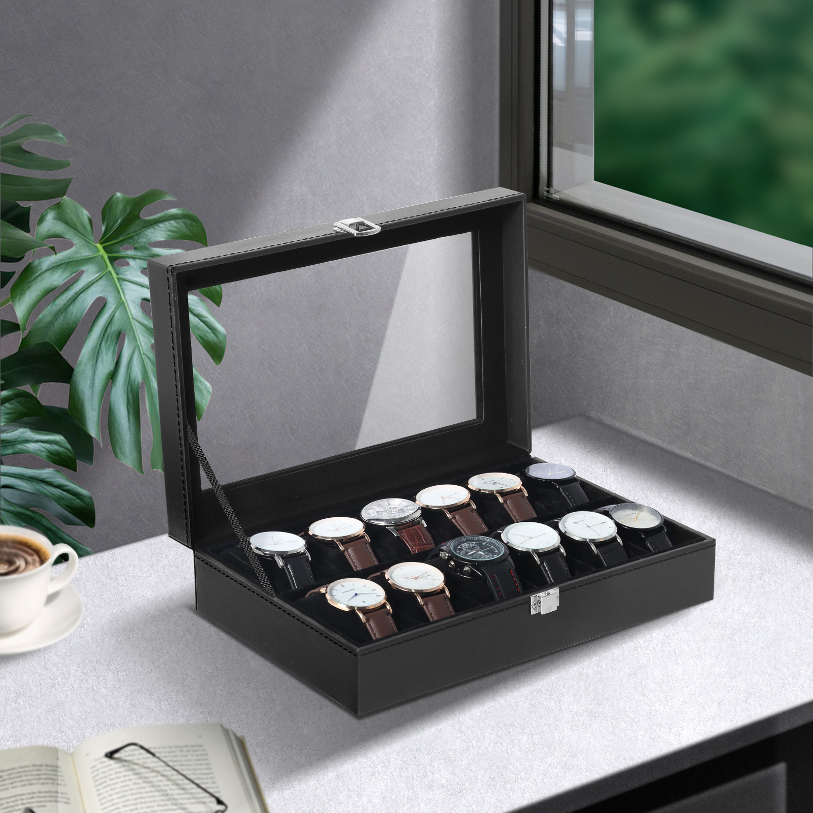10 Slots Watch Box PU Leather Watch Case Storage Glass Lid Jewelry Display Case