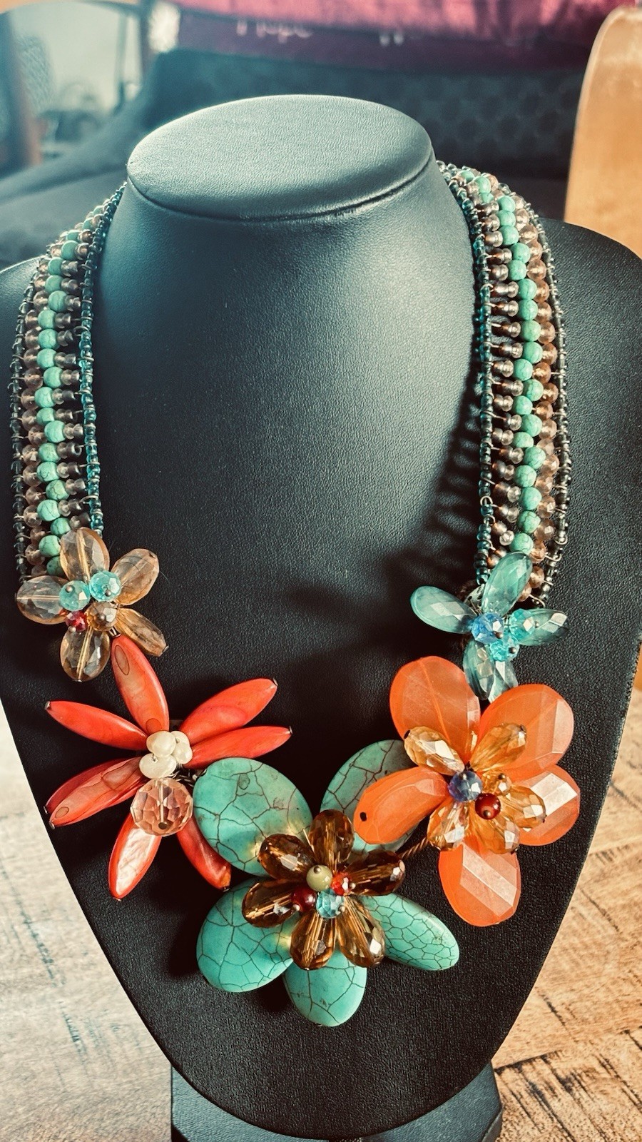 Vintage 2008 Boho Chunky MultiStrand Flower Statement Necklace Turquoise & Coral