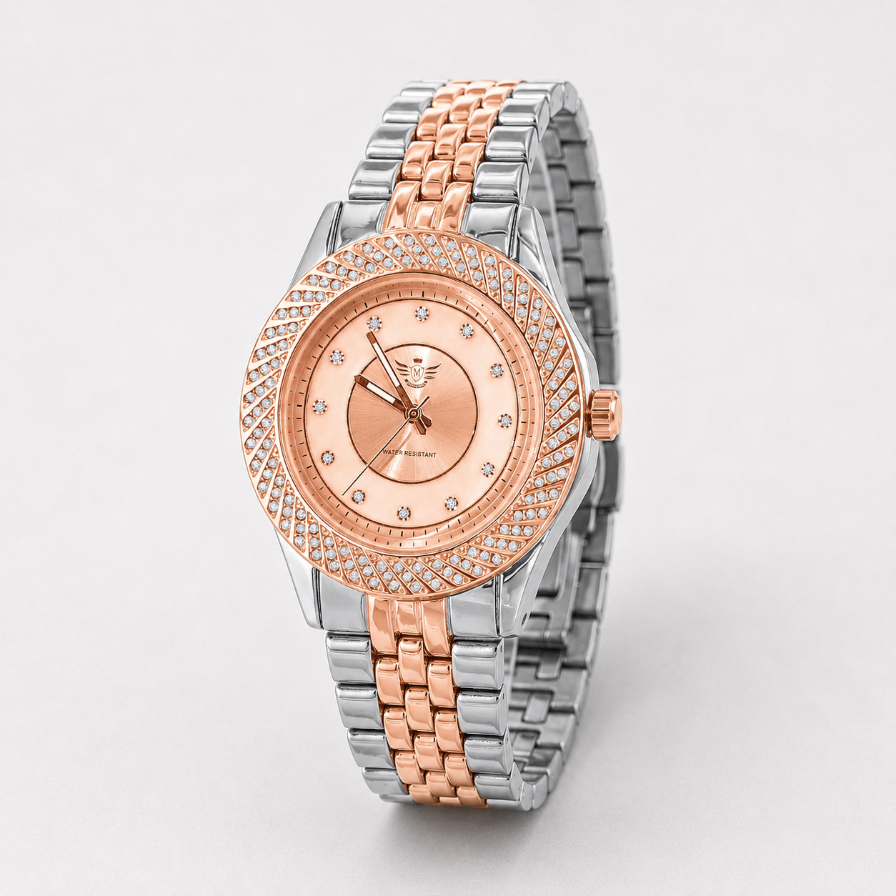 Mens Iced Out Watch Rose Gold Silver Two Tone Crystal Bezel Quartz 43mm