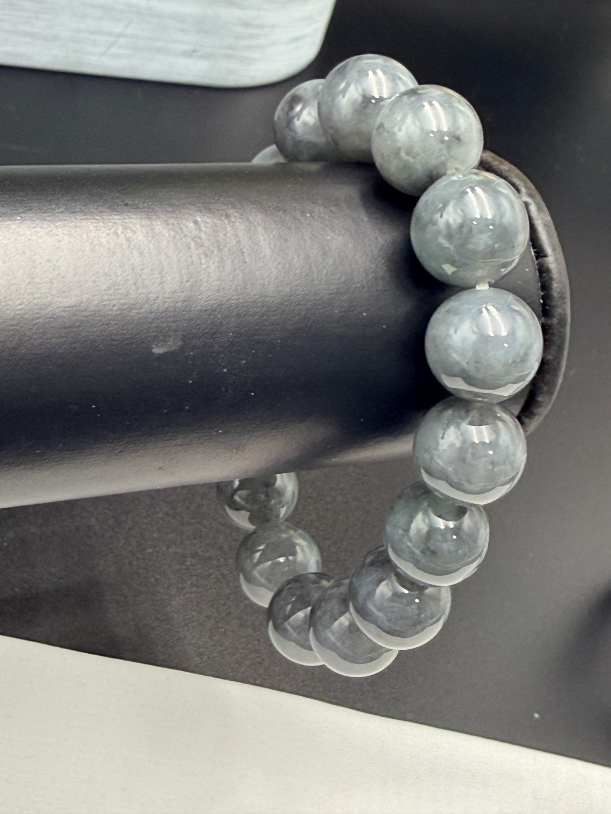 Certified Natural Jadeite Jade Beaded Bracelet Black Gray 13.7 mm #100086