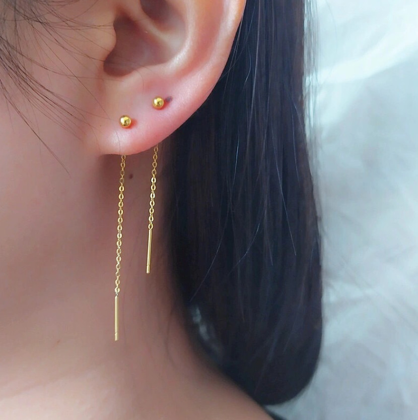 Minimalism Gold Threader Tassel Earrings Stainless Steel Tiny Ball 2″ Chain PE9