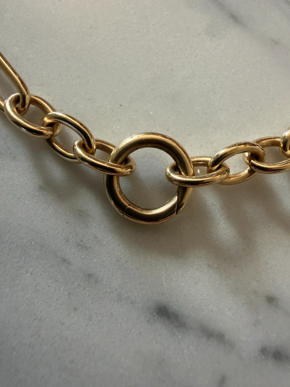Lucy Delius 14k Yellow Gold Trombone Link Chain Necklace Front Clasp 45cm 27g
