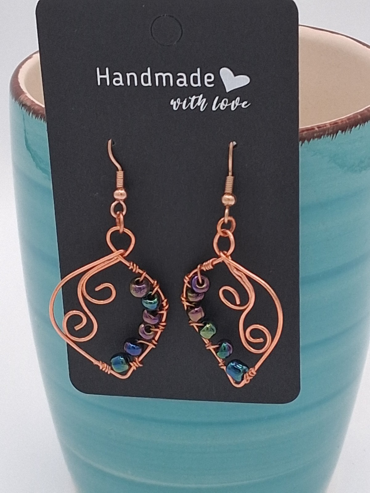 Handcrafted Copper Wire Wrapped Dangle Earrings, Multicolor Glass Beads Earwire