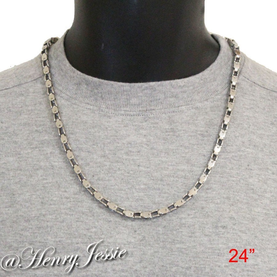 24″MEN 316L Stainless Steel 5mm Silver Bike Box Link Chain Necklace Bracelet