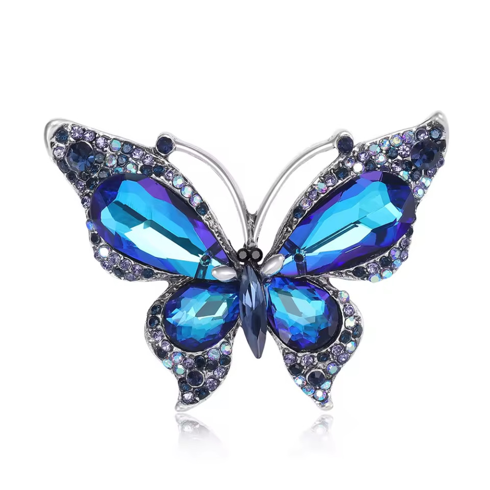 Vintage Butterfly Blue Crystal Rhinestone Brooch Silver Insect Pin Summer Gift