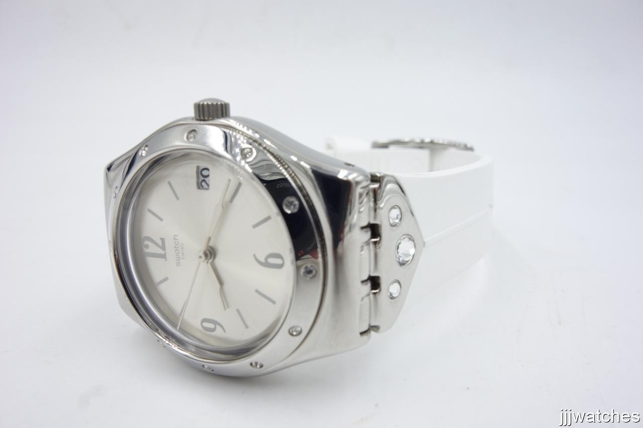 New Swatch Irony Scintillating White Rubber Crystals Women Watch YLS450 $135