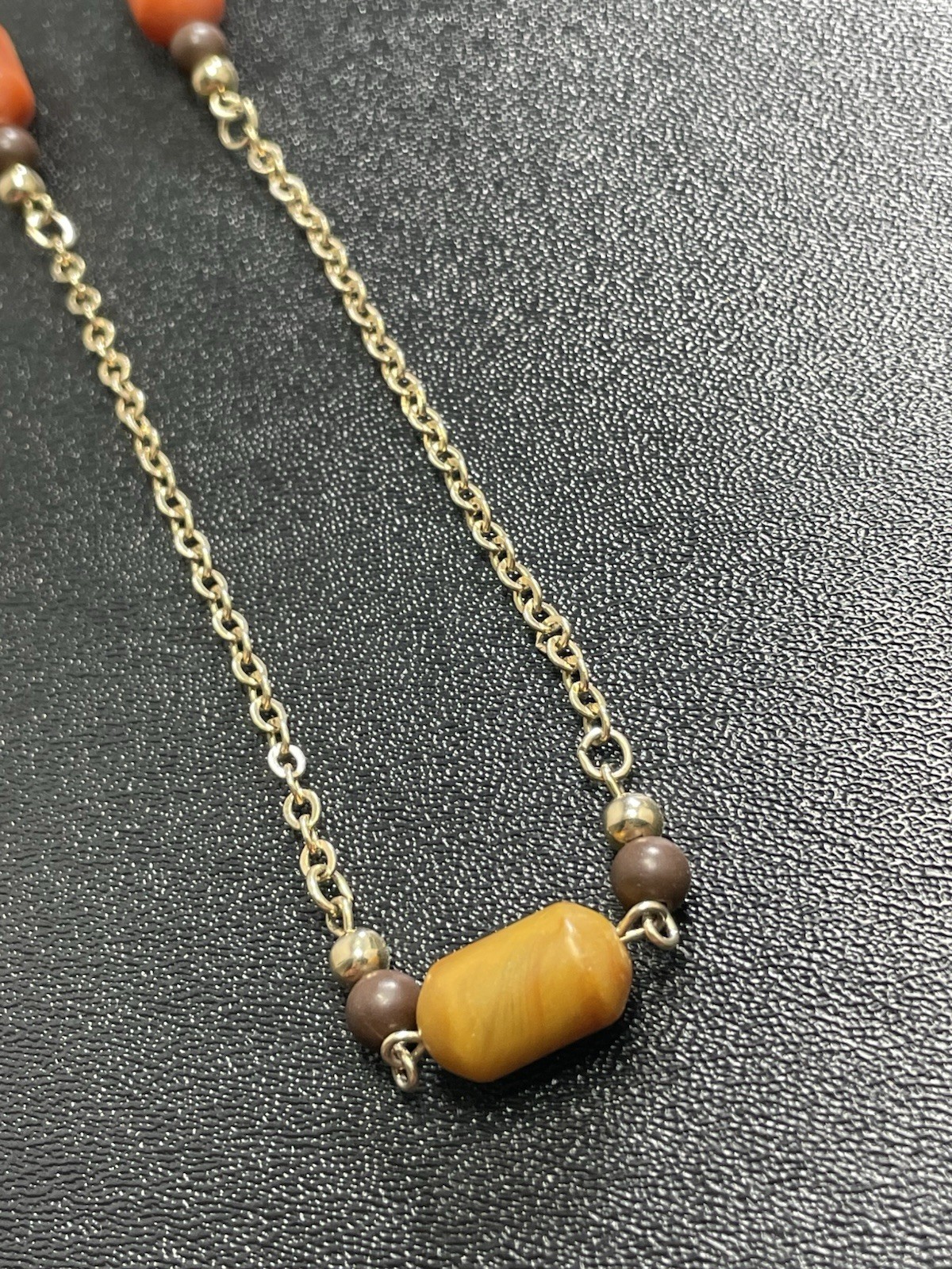 Vintage Retro 32” Orange & Brown Lucite Beaded Gold Tone Chain Necklace