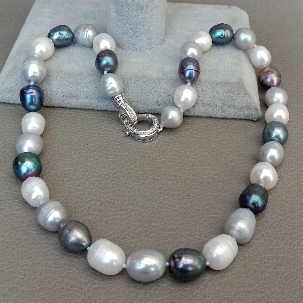 Freshwater Black Gray White Rice Pearl Mixed Color Pearl Necklace For Women 17″