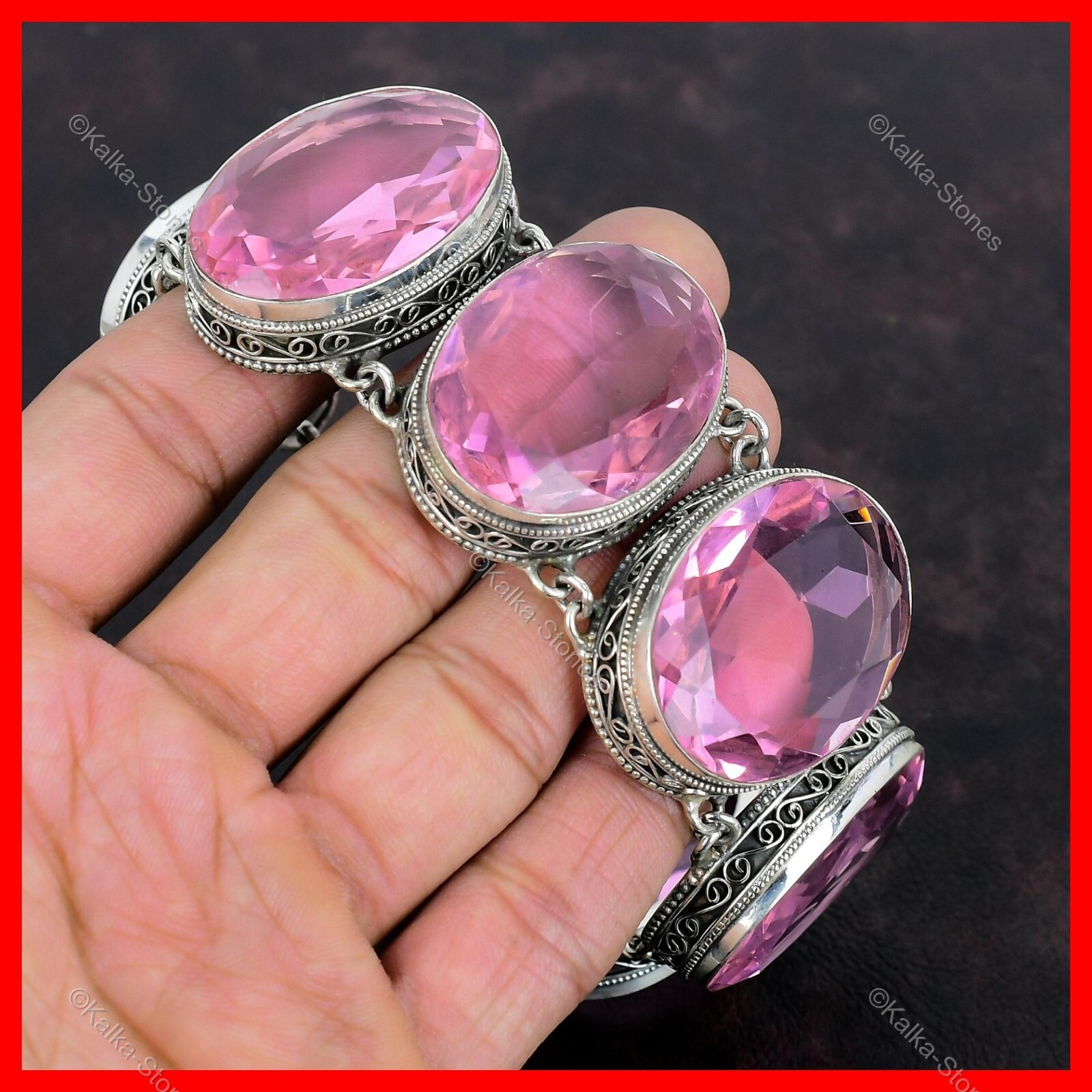 Natural Pink Kunzite Sterling Silver Engagement Vintage Chain Bracelet Jewelry