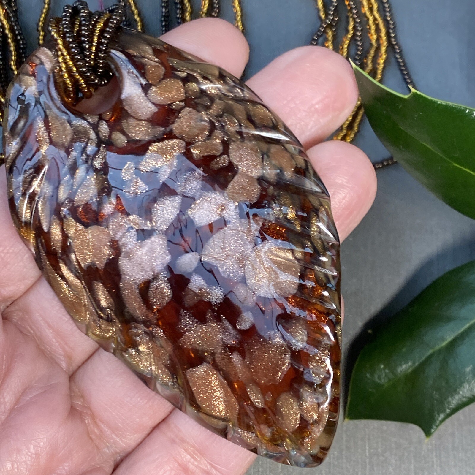 Vintage Pendant Necklace Handblown Murano Italy Art Glass 24K Gold Fleck Signed