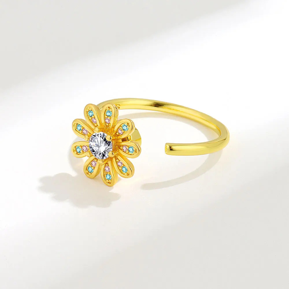 Sterling Silver Sunflower Diamond Zircon Rotatable Ring For Women