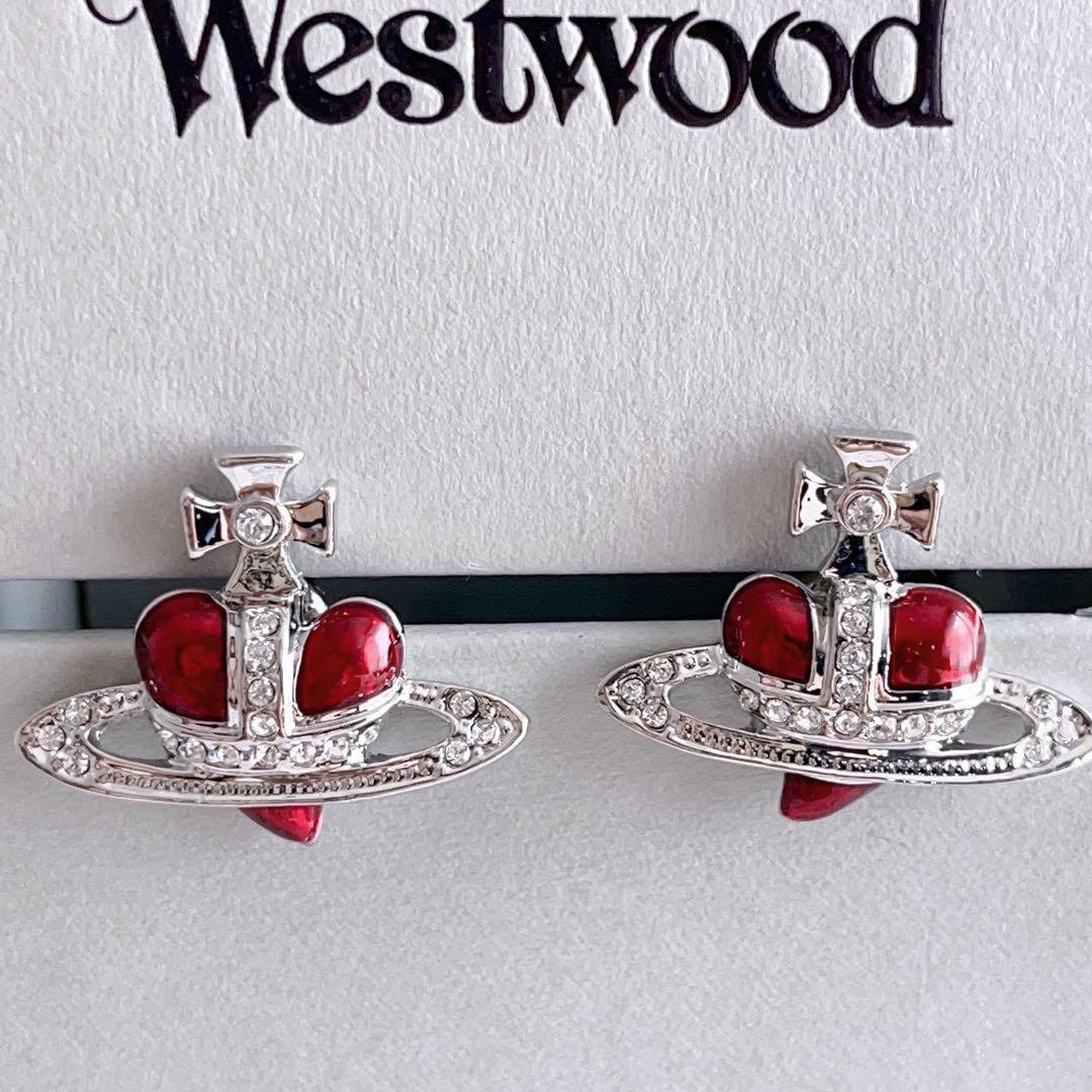 Vivienne Westwood Diamante Heart Necklace Earrings Set Red Silver NO BOX [EJ5009