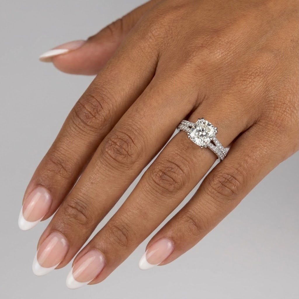 Side Stone Engagement Ring 14K Gold 2.53 Carat Cushion Lab-Grown Diamond H VS2