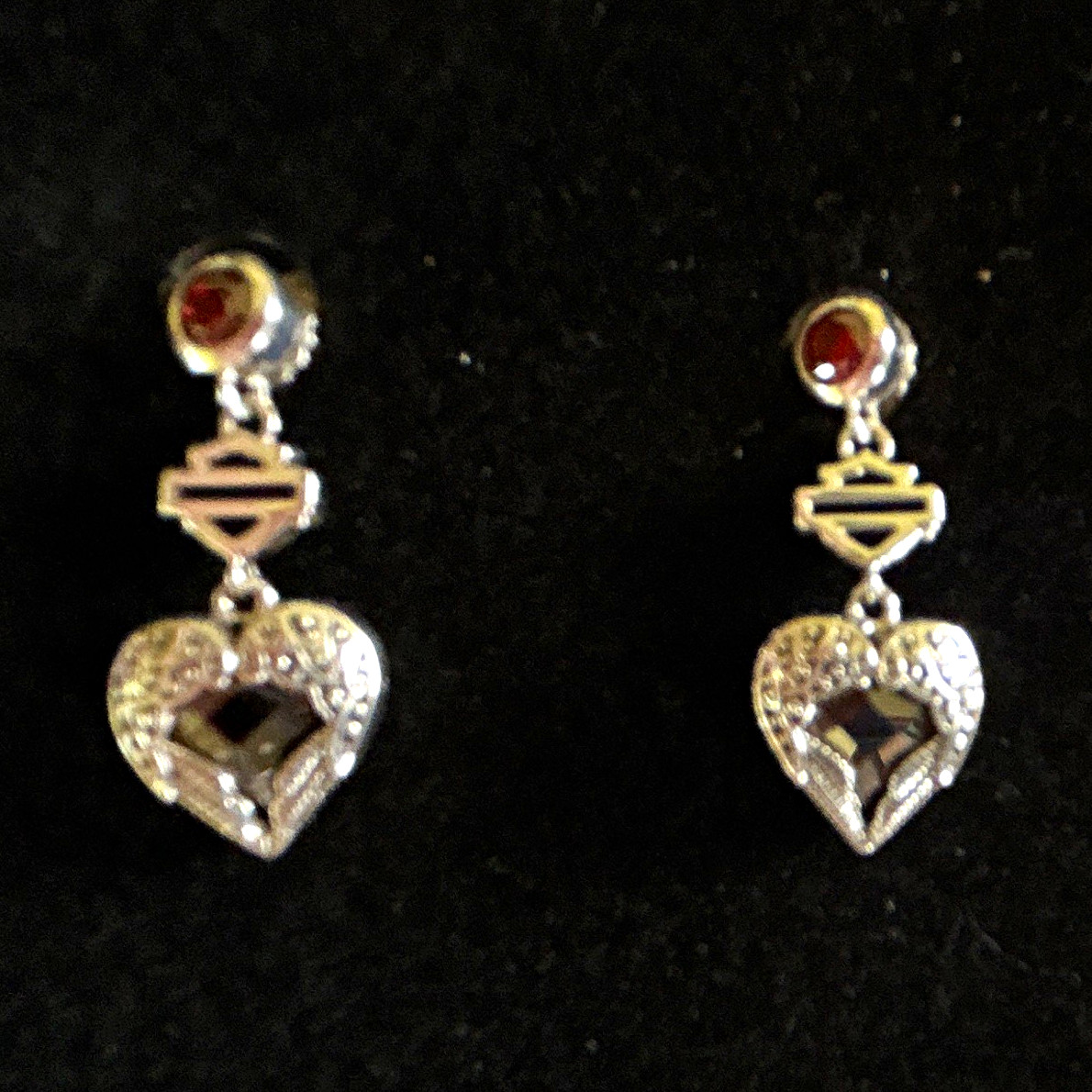 Harley Davidson Heart Dangle Drop Earrings with Bar Logo