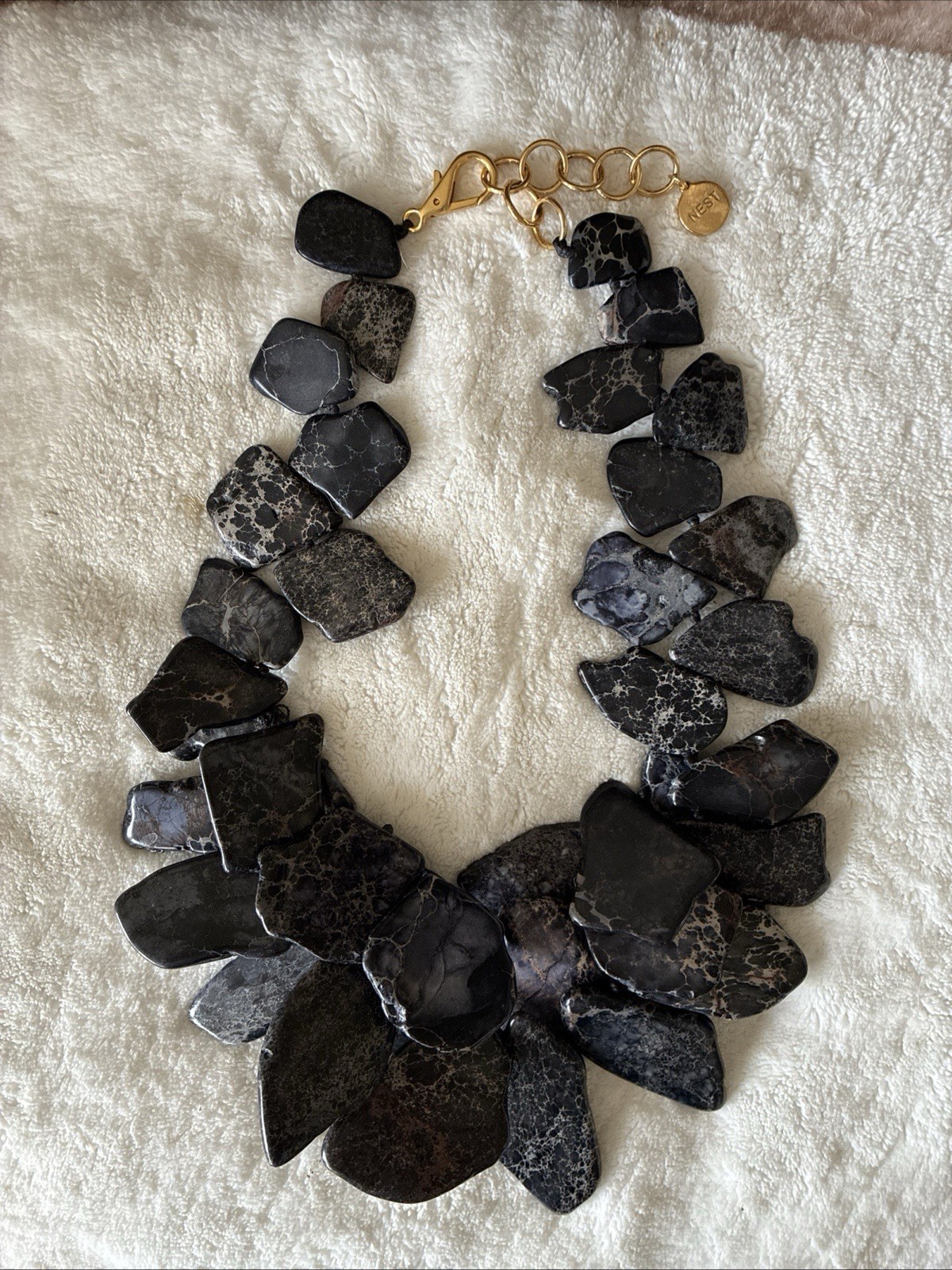 NEST Designer Black Jasper Slab Chunky Runway Statement Necklace