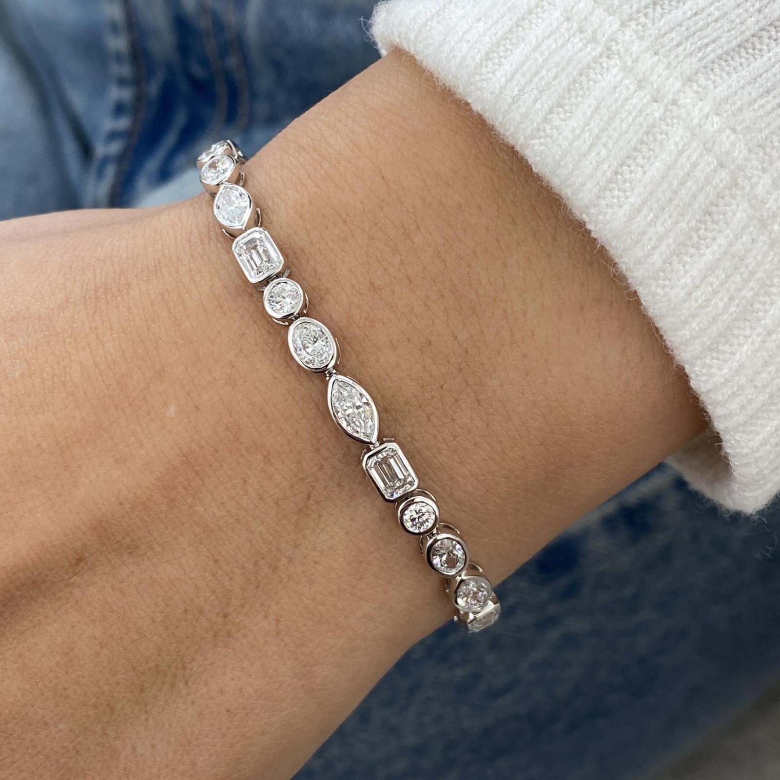 Lab Grown Diamond Multi Cut Bezel Style Tennis Bracelet 14k Solid White Gold
