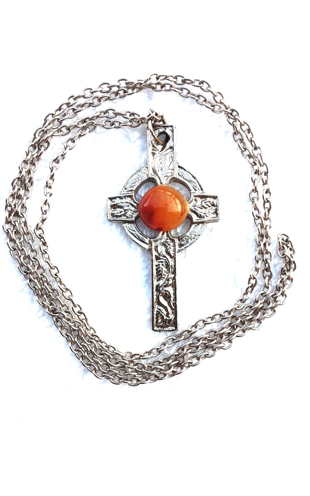 Vintage Pewter Celtic Cross Pendant Necklace Citrine blood orange Glass Stone
