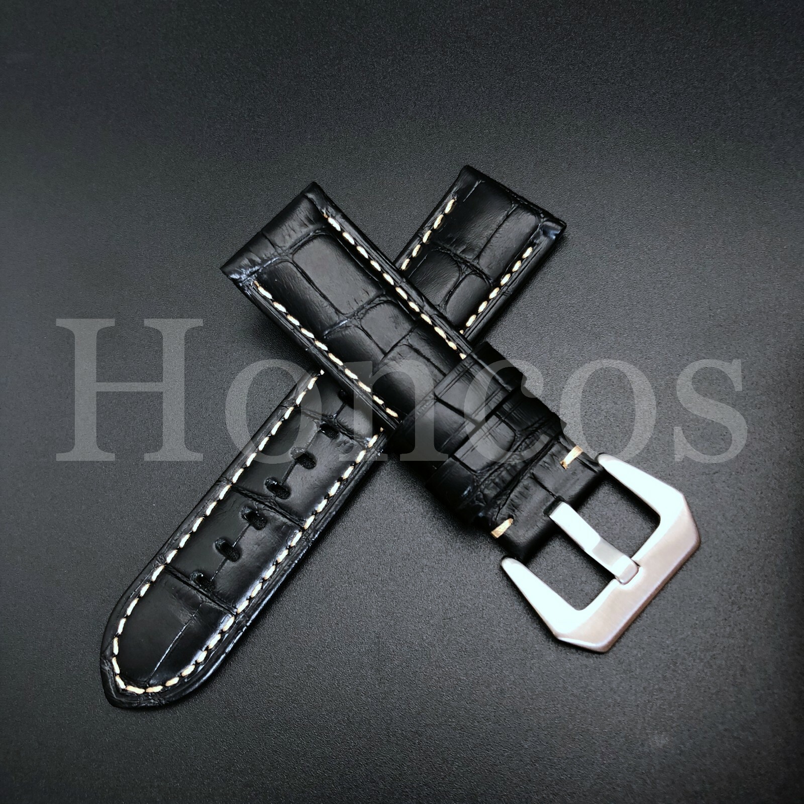 Fits For Panerai 24mm Handmade BLK W Croc Leather Watch Strap Band Pre-v Buckle