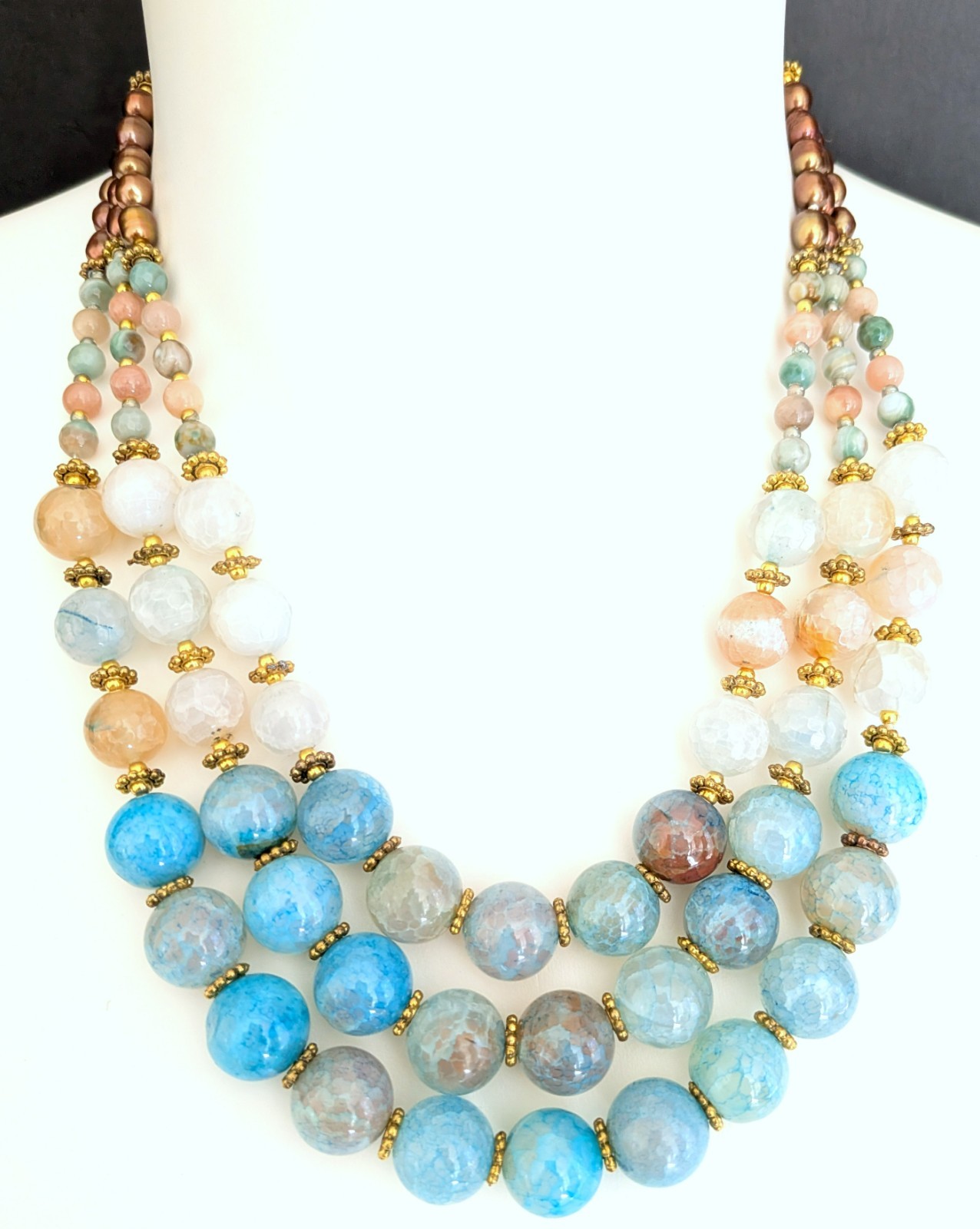 Gorgeous Triple Strand Assorted Blue Agate Brown/Green Pearl Necklace