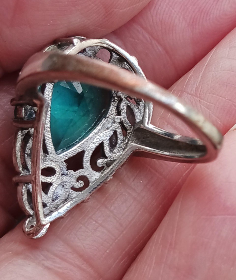 Vtg Cocktail Ring Aqua Blue Silverplate/ Silvertone Estate Ring Sz 7.75