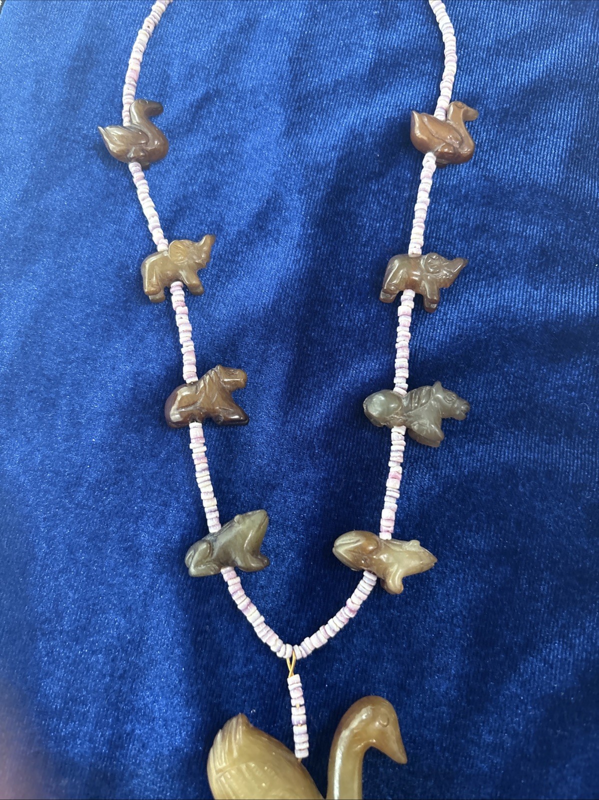 Vintage Chinese Export Carved Stone Zuni Style Necklace. Carved Animals.