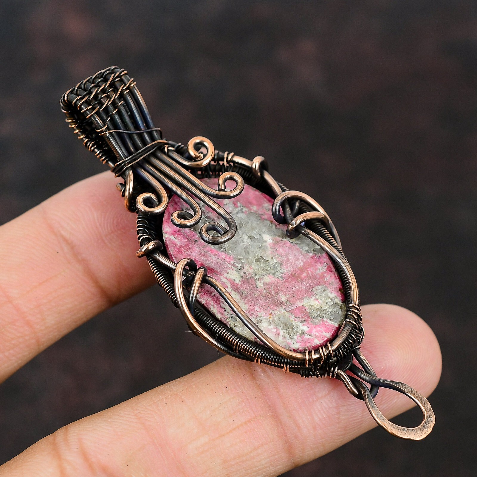 Thulite Gemstone Handmade Jewelry Copper Wire Wrapped Pendant For Girls 2.91″