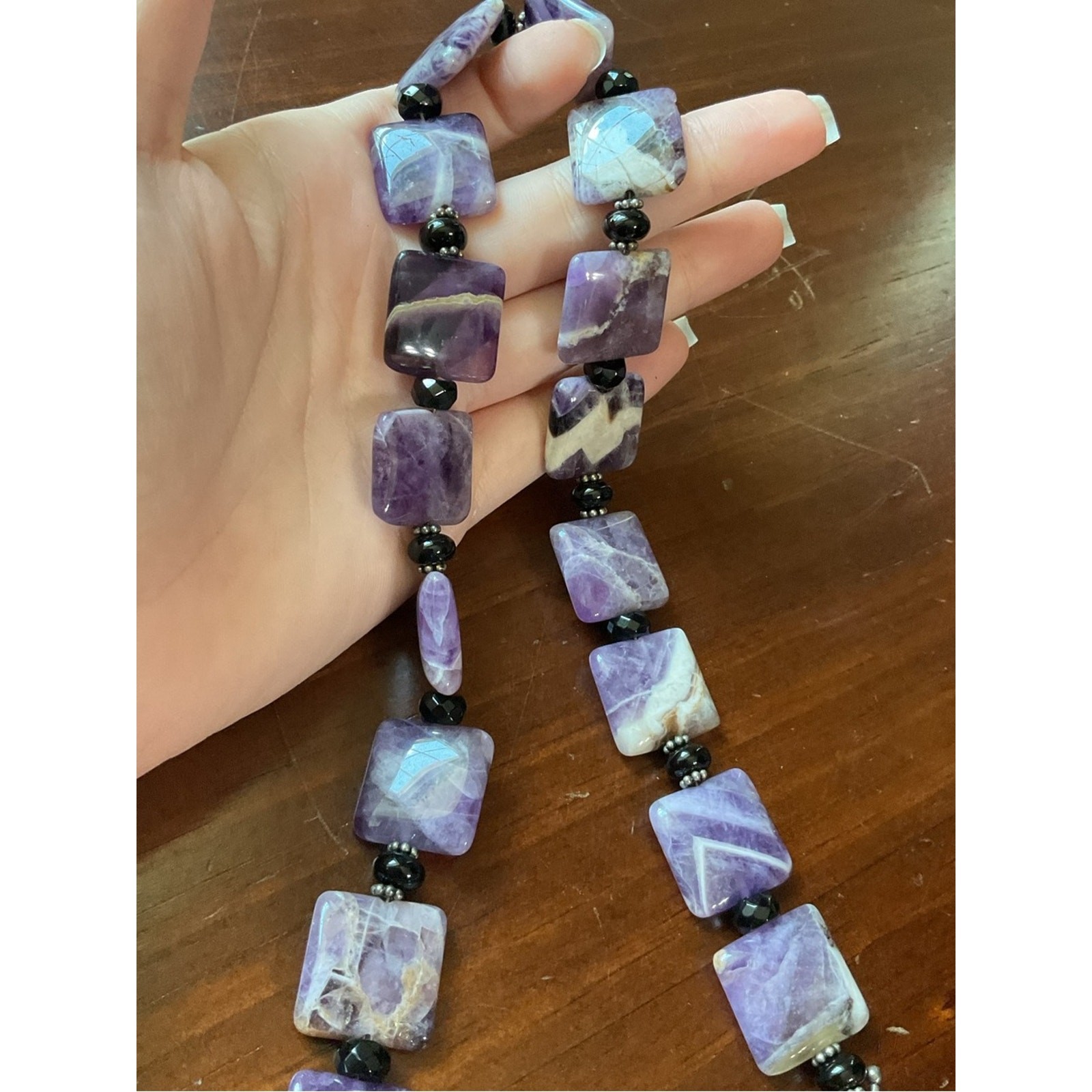Vintage Sterling Silver Chevron Amethyst Beaded Toggle Clasp Necklace