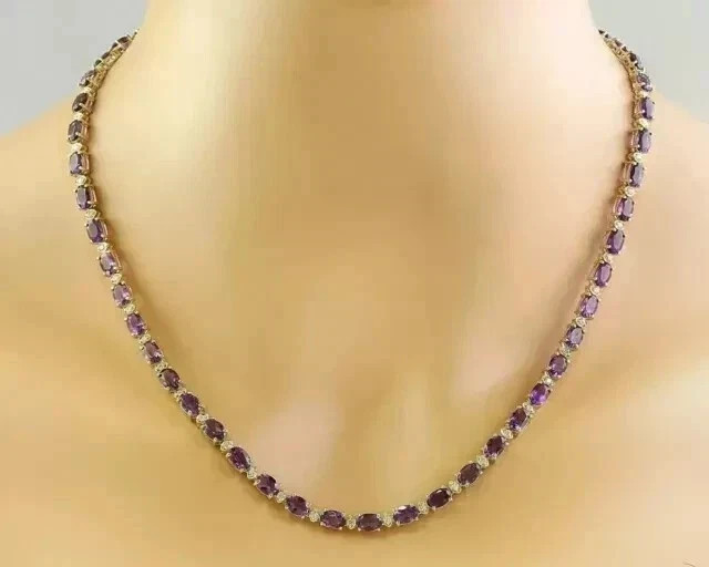 20TCW Oval Lab Created Amethyst & Diamond Tennis Necklace 14k Yellow Gold Plated