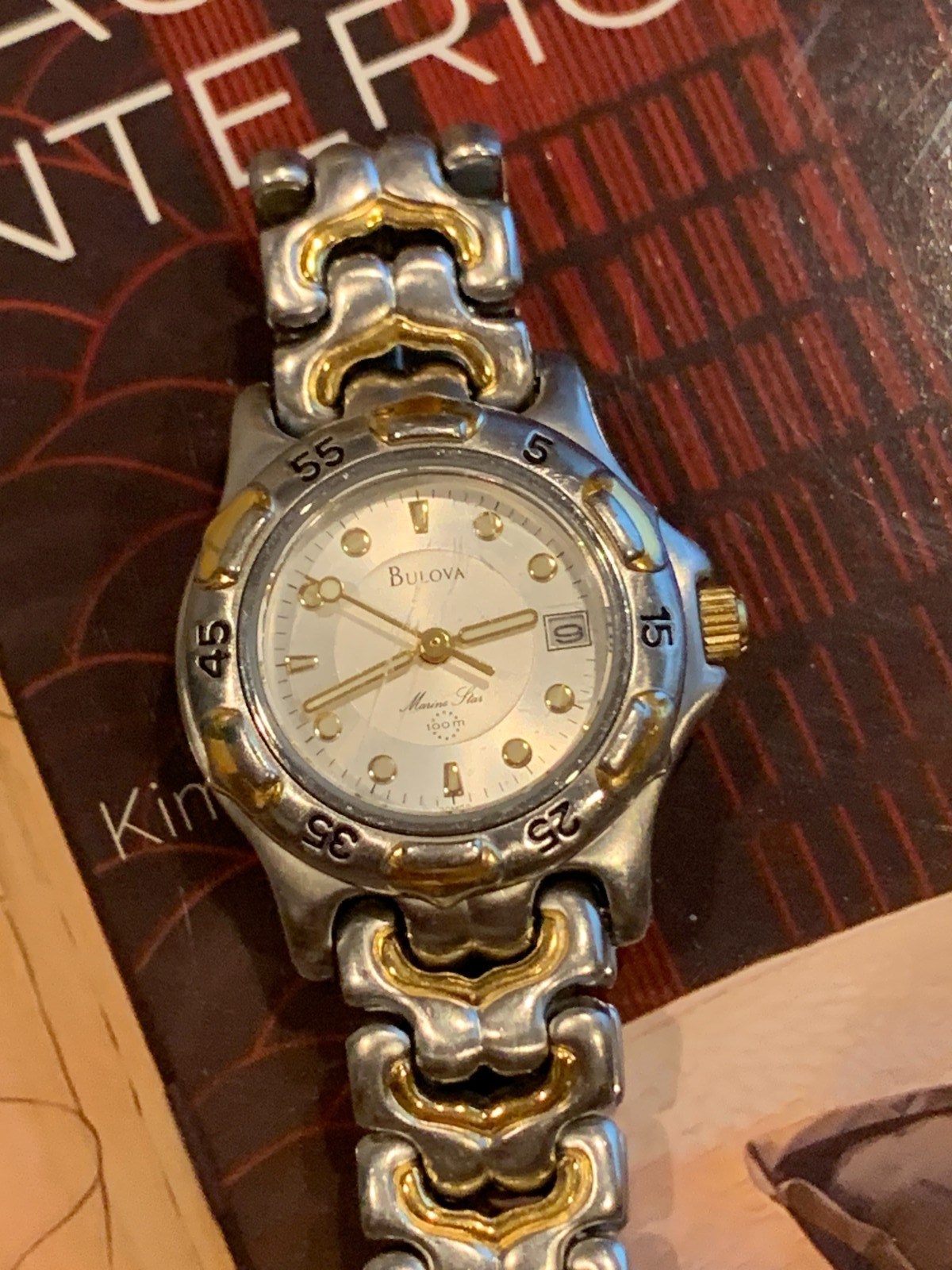 Womens Bulova 28 mm Marine Star Two Tone Quartz Watch, New Battery