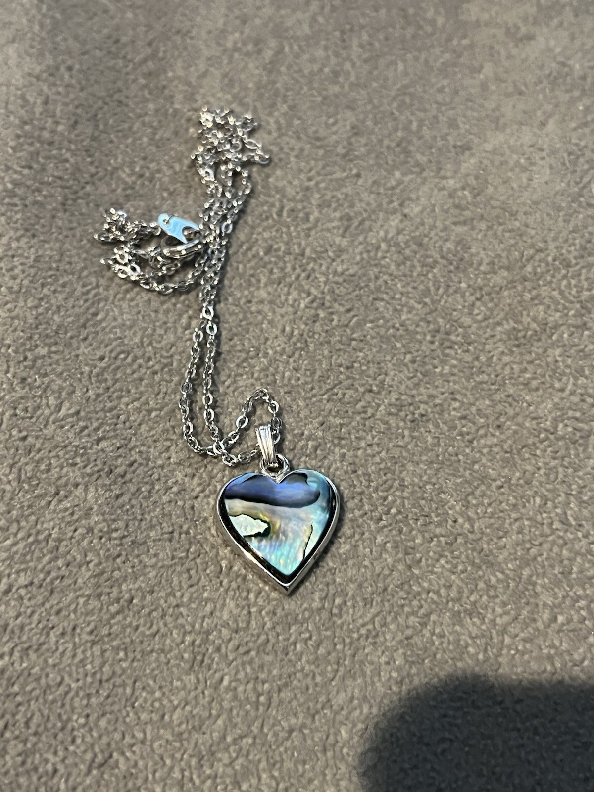 SN Stamped Abalone Silver Tone Necklace Heart Pendant Mermaid Shell Blue Green