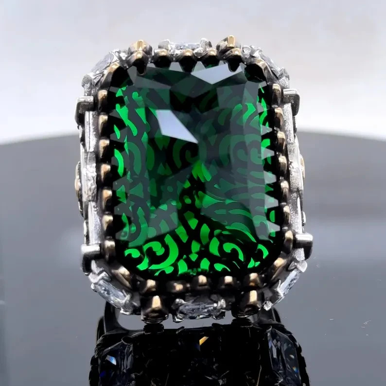Solid 925 Turkish Handmade Green Emerald Ring Large Men Statement Jewelry