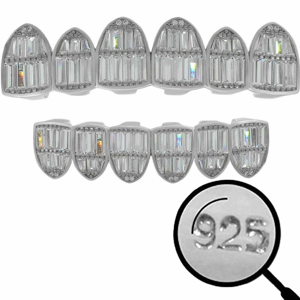 Real Solid 925 Sterling Silver Grillz Baguette Icy CZ Grills Top Or Bottom Teeth