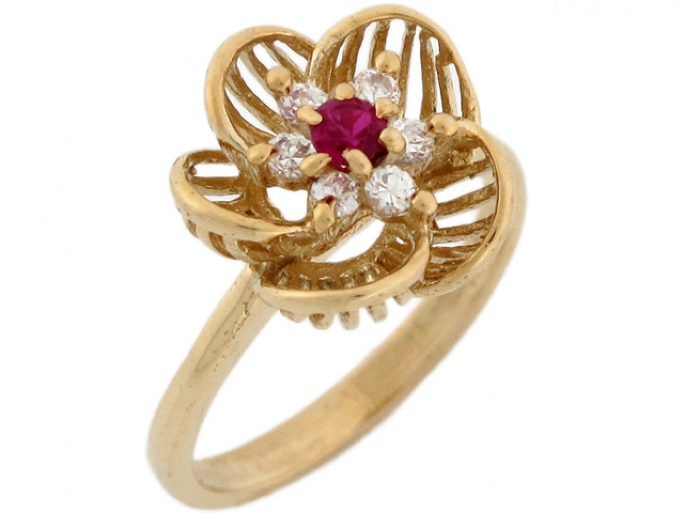 10k or 14k Real Solid Gold White & Red CZ Flower Beautiful Everyday Ring